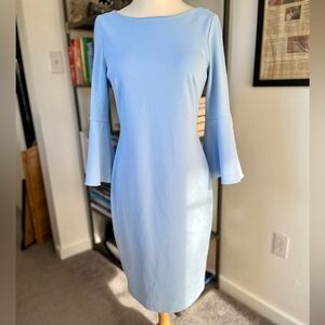 Calvin Klein blue fitted dress with bell sleeves with pearls, size 6